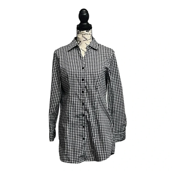 Chicos Houndstooth Ponte Knit Button Up Shirt Womens Tunic Classic Preppy Sz 0 - Picture 1 of 7
